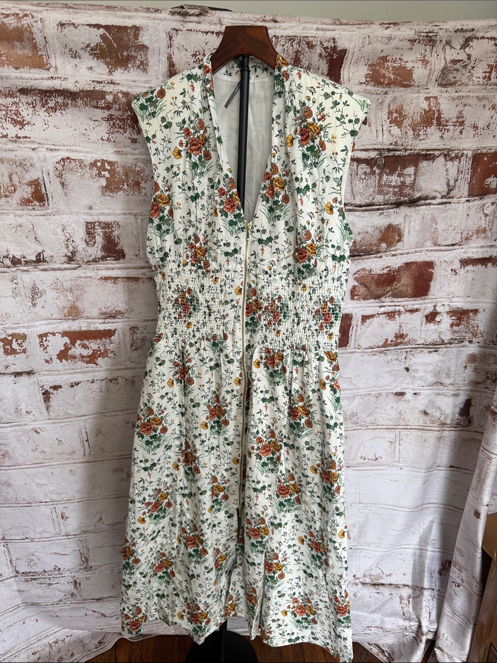 Anthropologie White Midi Dress with Green & Brown Floral